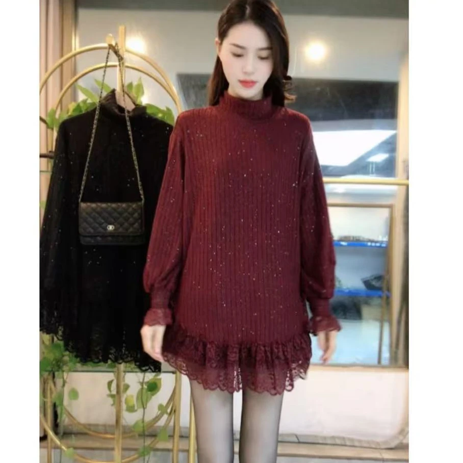 套头中长款冬季打底衫显瘦打底气质百搭红色半高领宽松秋冬蕾丝