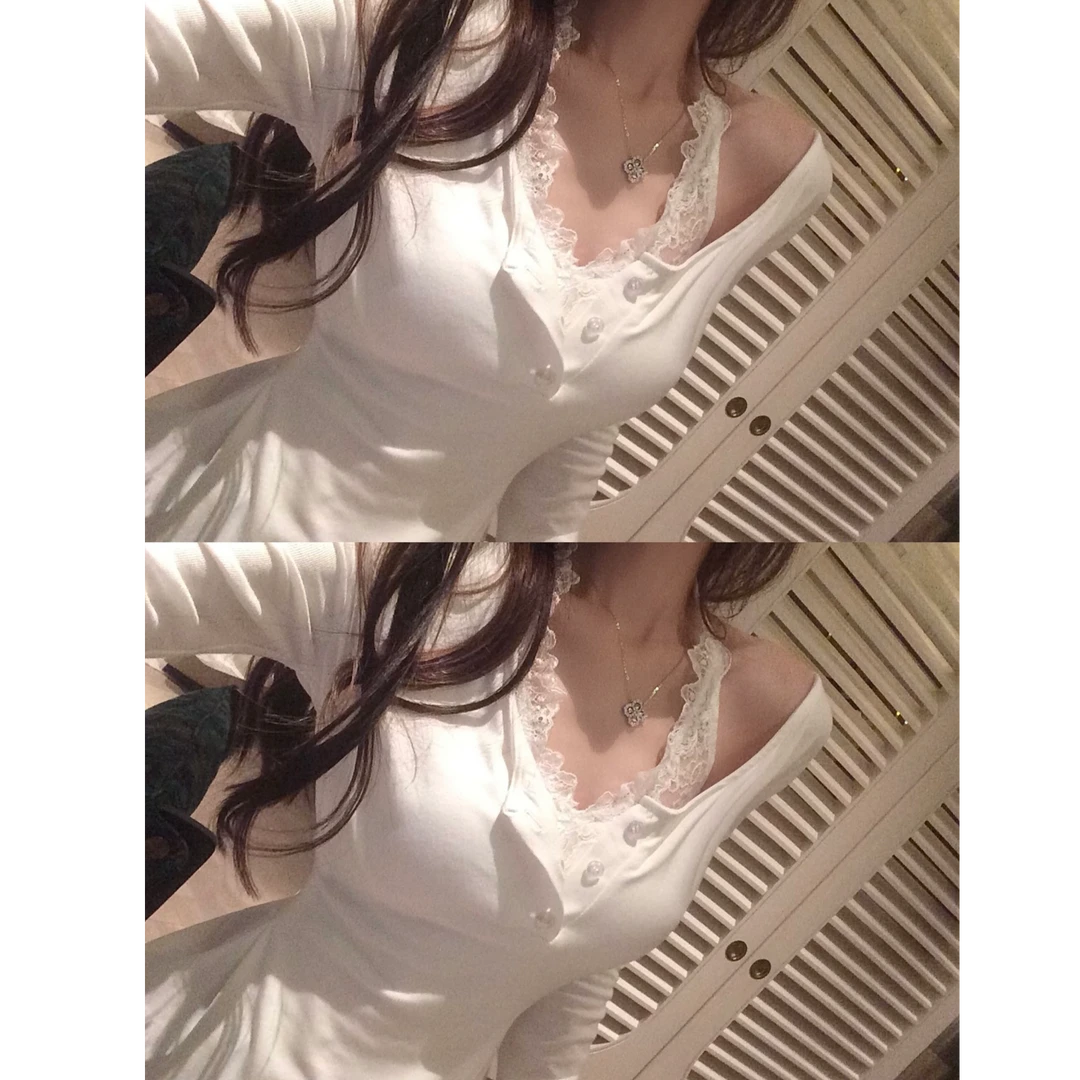 杜总家 秀智打歌套装*原创挂脖蕾丝薄长袖t恤女慵懒宽松收腰上衣