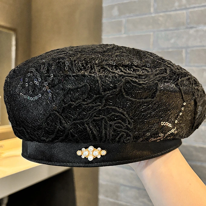 【浠耳家】款法式复古网纱贝雷帽子女珍珠盘扣显脸小蓓蕾南瓜画家帽