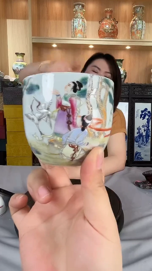 摆件景德镇陶瓷珐琅彩松鹤长春主人杯