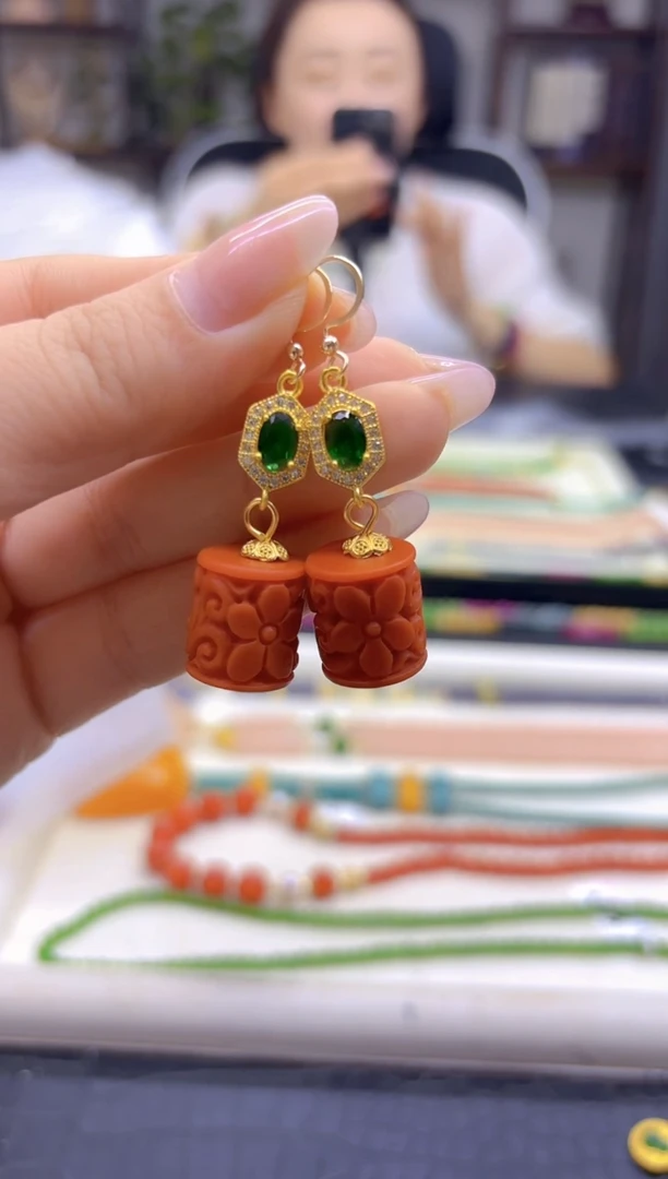 14K金镶嵌南红玛瑙耳饰DIY款E943