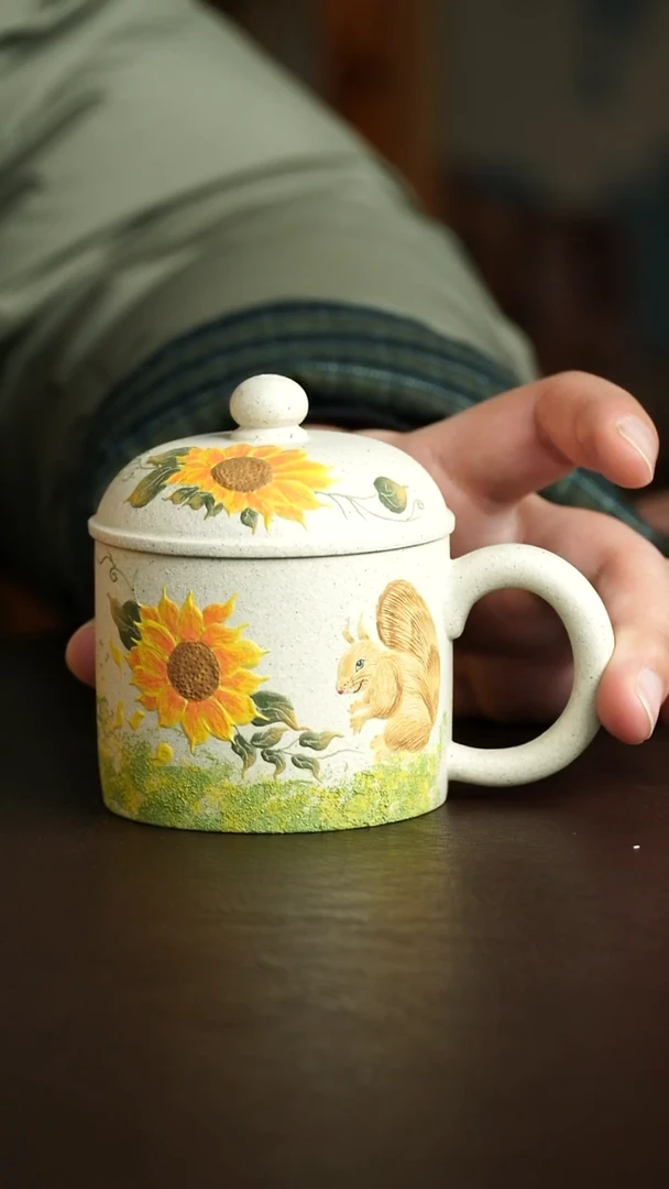 茶杯紫砂48号 松鼠向日葵盖杯 宜兴紫砂原矿作品