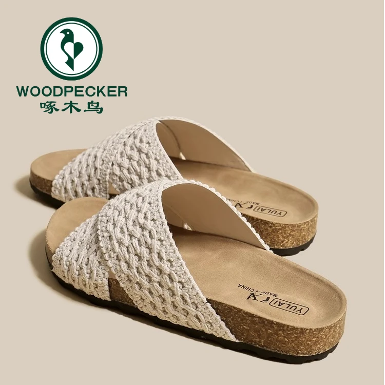 啄木鸟交叉带针织拖鞋女夏外穿2025新款复古厚底勃肯鞋沙滩凉拖鞋