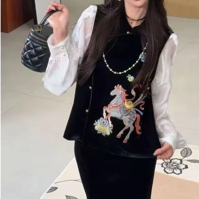 【年货爆款】新款小马丝绒刺绣立领新中式国风复古马甲