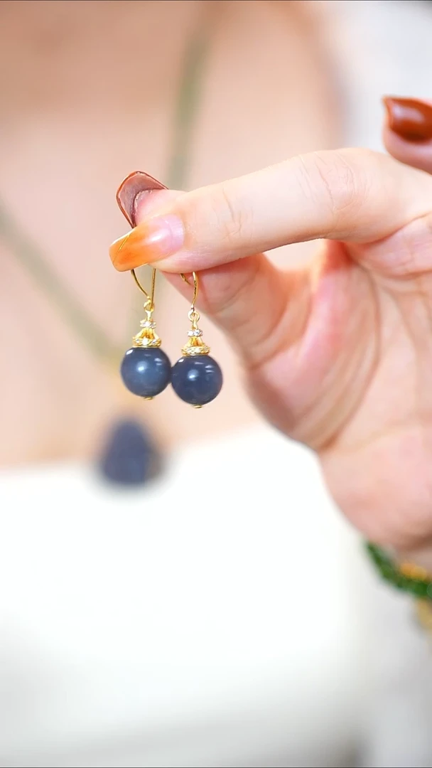 银S925镶嵌和田玉耳饰圆珠耳坠