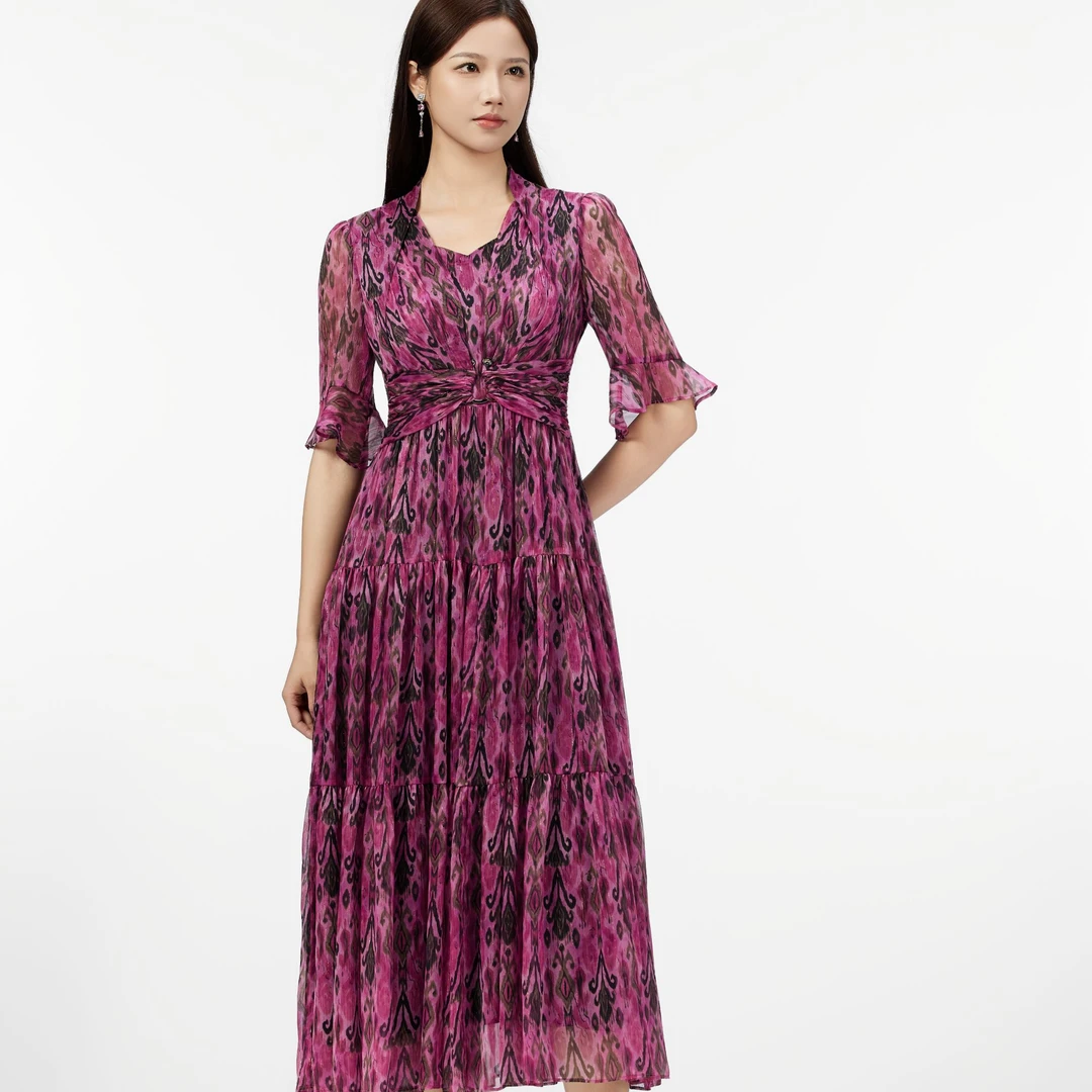 SUSSI/古色商场同款复古玫红色气质连衣裙喇叭中袖收腰连衣裙