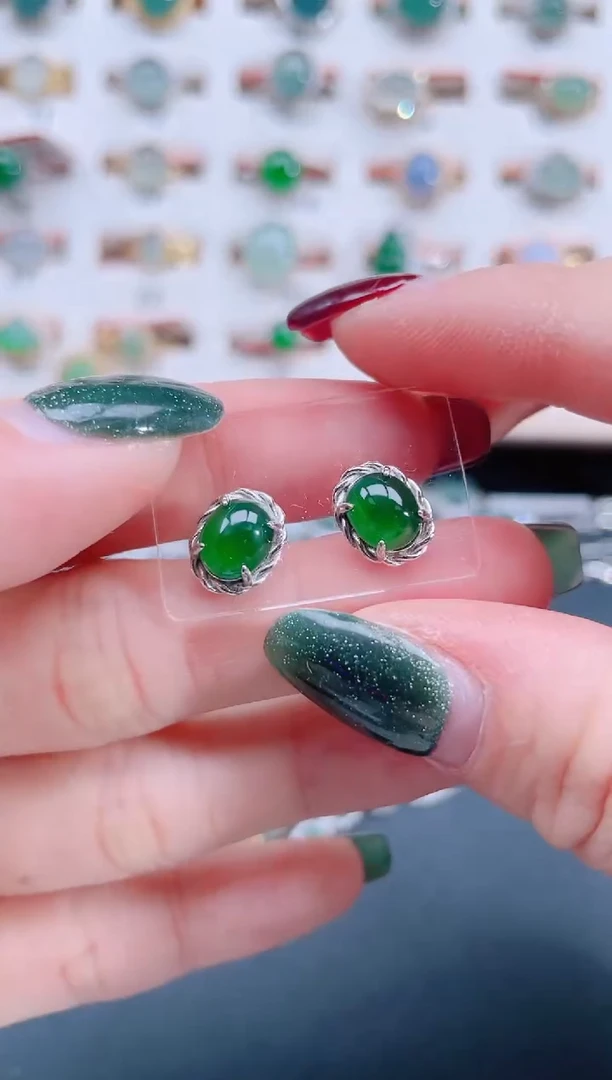 银S925镶嵌翡翠耳饰天然翡翠