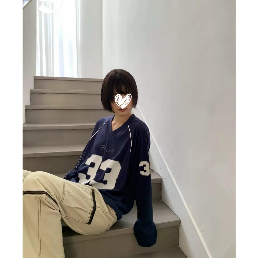 春夏上新~复古美式运动风球衣数字印花宽松慵懒长袖T恤上衣