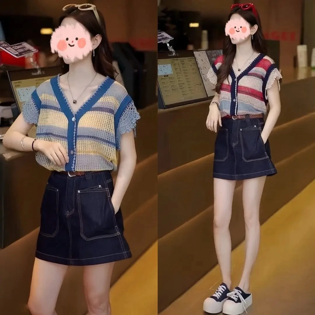 2025夏季时尚镂空彩色条纹针织短袖上衣显瘦百搭牛仔短裙休闲套装