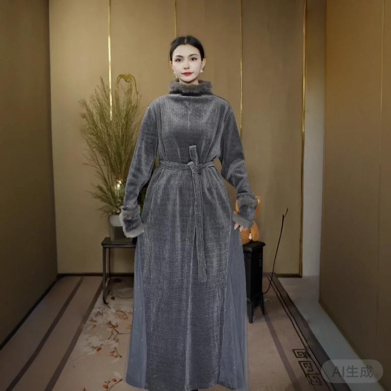 【632】灰色高领毛毛连衣裙女士显瘦连衣裙