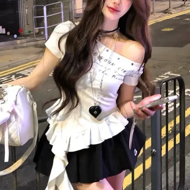 【纯棉】斜肩字母短袖夏新款修身显瘦不规则露肩辣妹飘带上衣