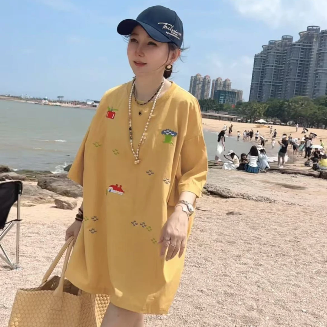 【小二姐家】2025时尚百搭洋气欧货刺绣棉麻半袖衫