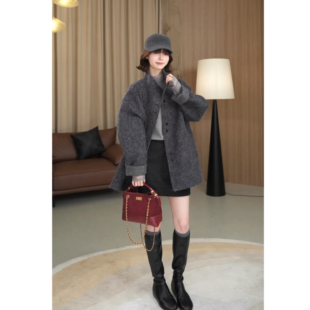 【薇薇绮】高级感立领羊毛大衣单排扣保暖羊驼毛外套 E503