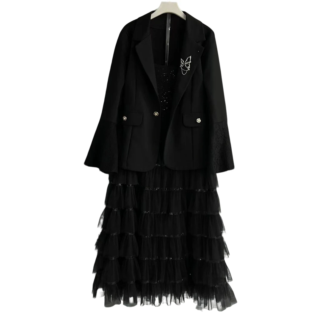 蛋糕裙春季系带中腰黑色长裙连衣裙秋冬轻奢气质秋季裙子女装