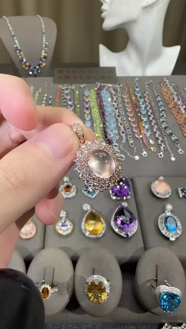 颈饰银S925镶嵌芙蓉石10*8mm星光粉水晶吊坠