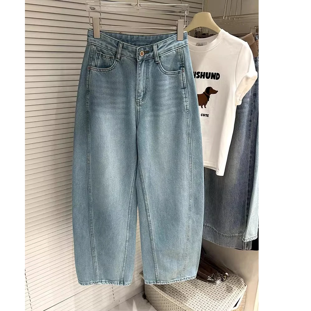 胖mm梨型身材大码女装复古做旧弯刀牛仔裤女显瘦遮肉高腰直筒裤子