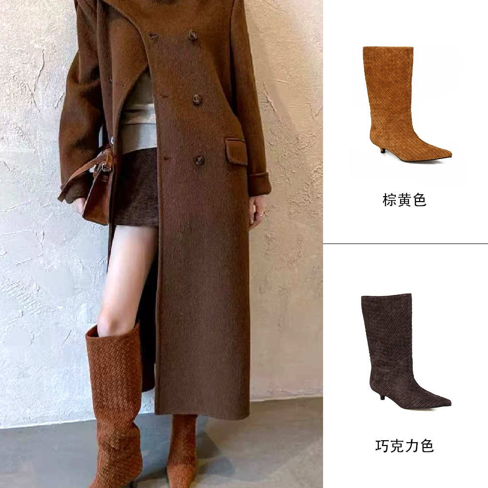 MANIKA GUAN25秋冬爆款编织尖头时装靴法式高跟真皮长靴MK191392