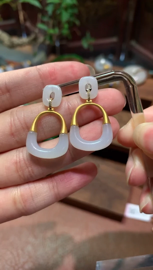 和田玉18K金镶嵌耳饰R23|3980