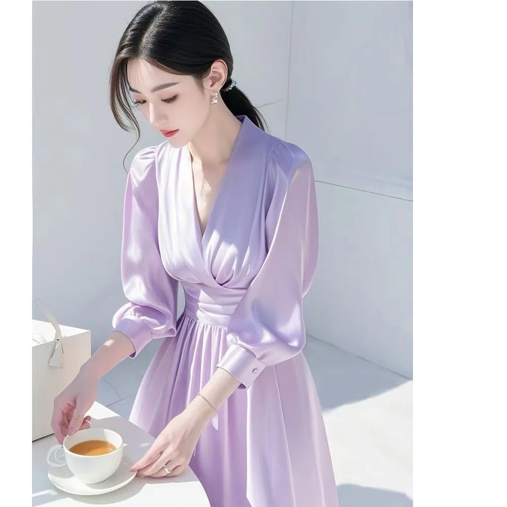 2025春季新款法式高级感气质性感长款显瘦绝美紫色缎面连衣裙子