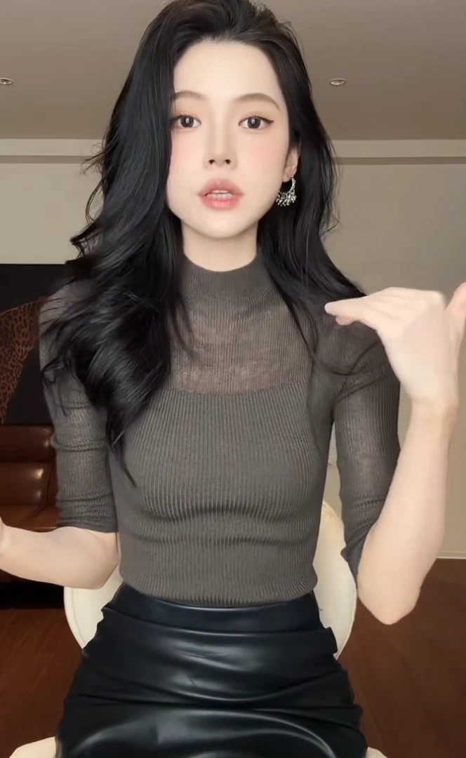 2025秋季韩版时尚气质洋气百搭半高领网纱中袖针织打底衫