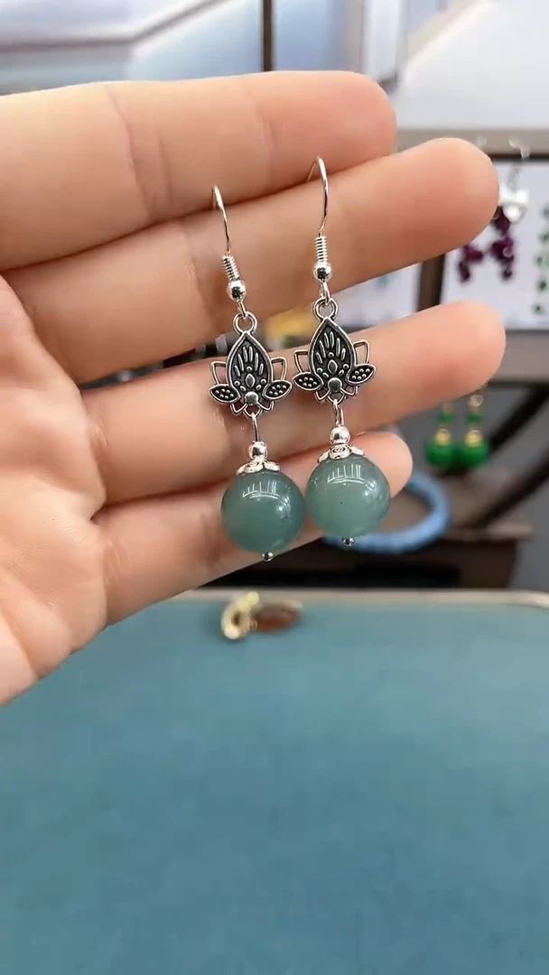 银S925镶嵌翡翠耳饰12mm蓝水荷花