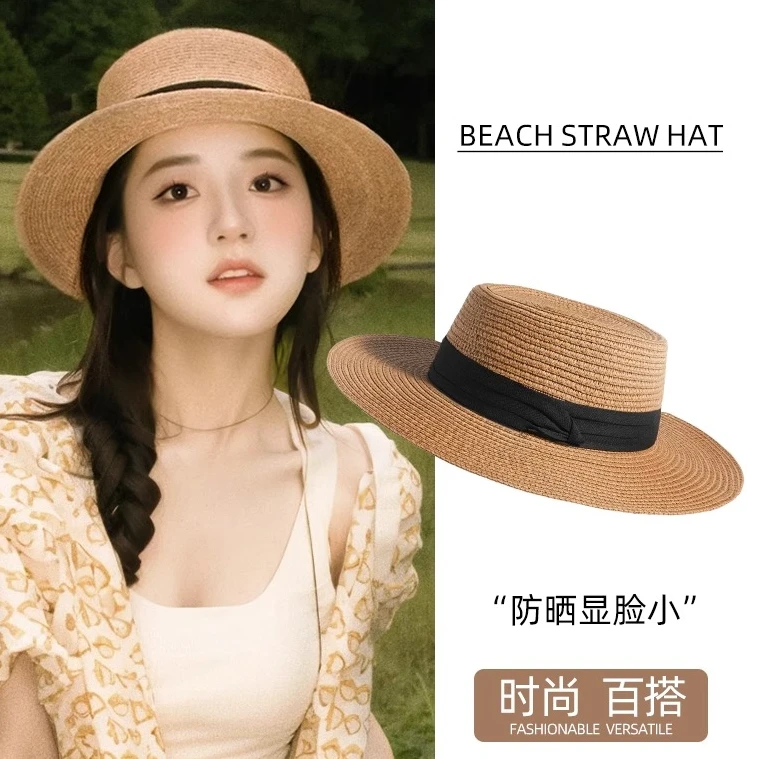 法式平顶草帽2025新款女大头围海边沙滩氛围感编织百搭遮阳帽夏