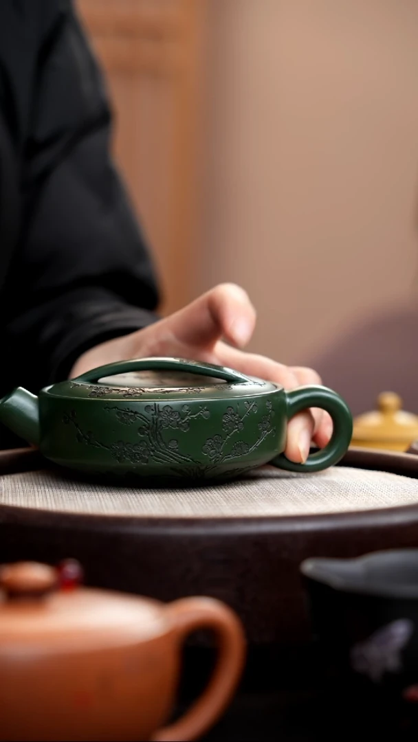 【闪购商品】紫砂茶壶民国绿一片瓦刻梅