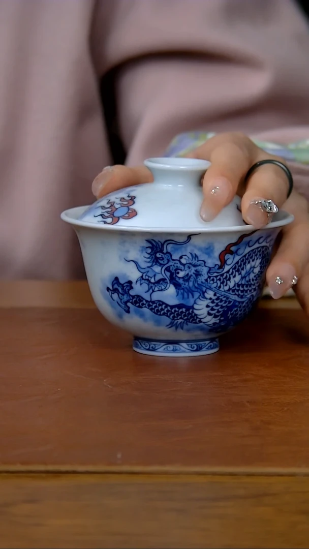 【闪购商品】陶瓷中国龙两才盖碗（柴窑）     