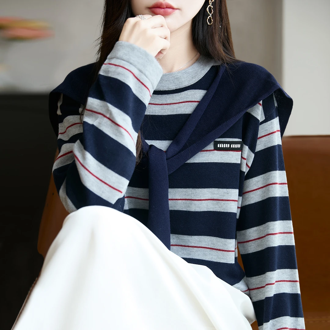 胖mm春秋大码条纹毛衣女遮肚子显瘦飘带上衣内搭可外穿针织打底衫