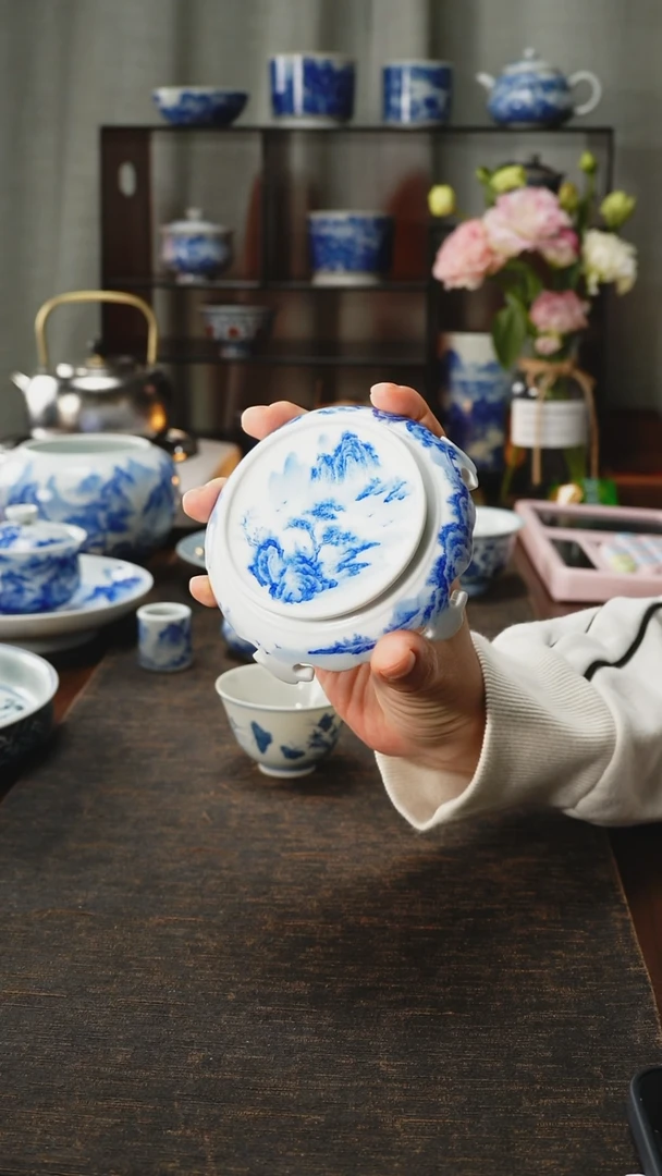 景德镇手工手绘山水盖置