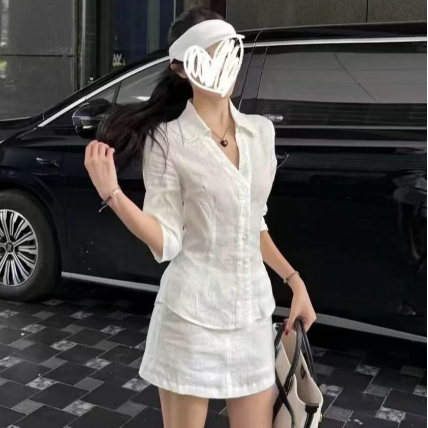 智性氧气感气质高质麻衬衫/短裙套组
