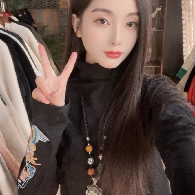 【雀兮】2024新款秋冬季打底衫新中式复古国风刺绣半高领长袖T恤衫