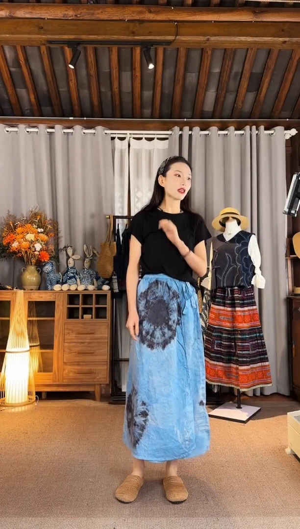 设计师款蓝色扎染裹裙