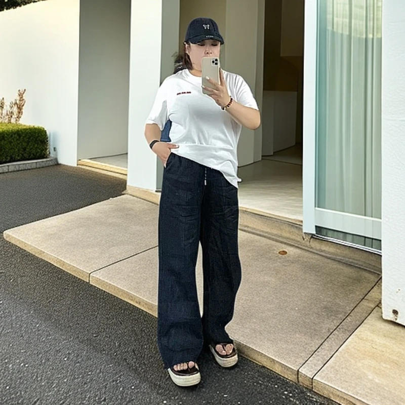 五姐家大码高品质宽松苎麻休闲女夏季拖地裤大码女装