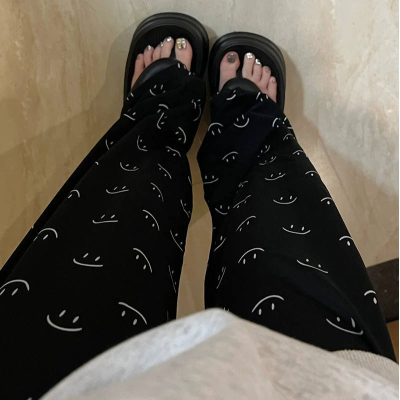 ins风高级感笑脸印花睡裤女长裤夏季宽松居家裤春秋遛弯休闲裤子