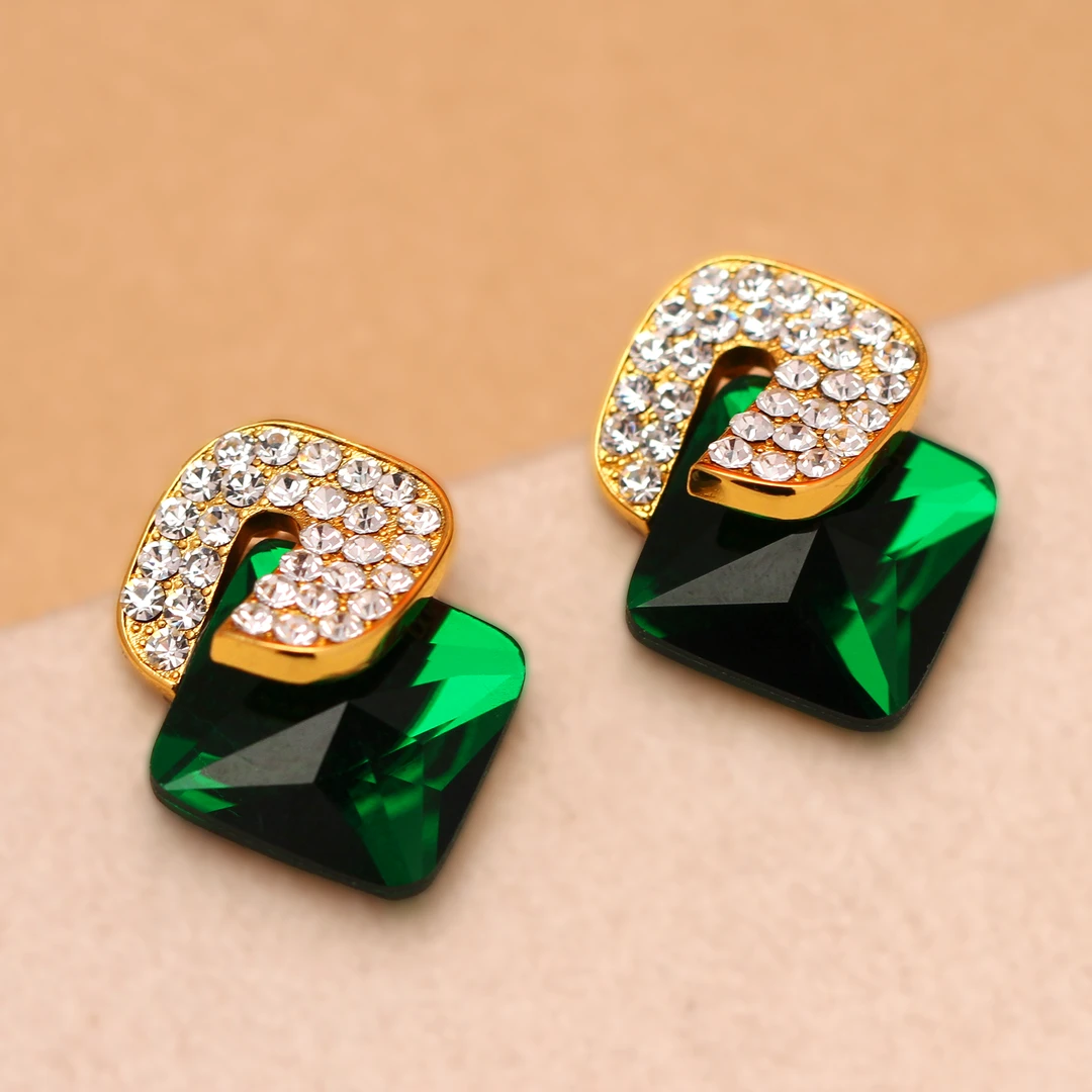 铜合金合成锆石耳饰 【容儿专属】法式轻奢复古百搭优雅风绿色耳环