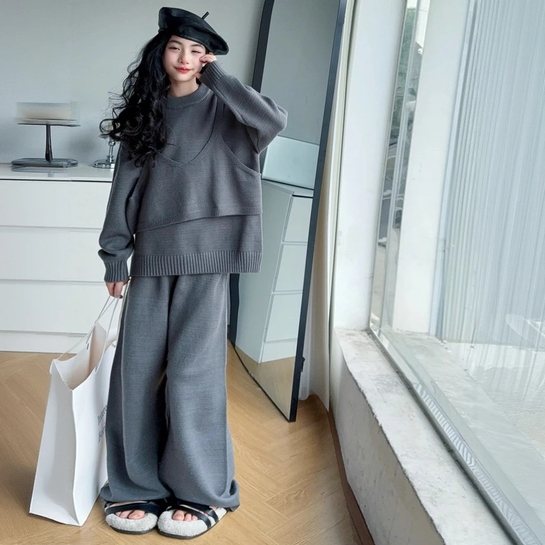 女童秋冬款韩版休闲加厚毛衣套装中大童初中生时髦洋气儿童秋装潮