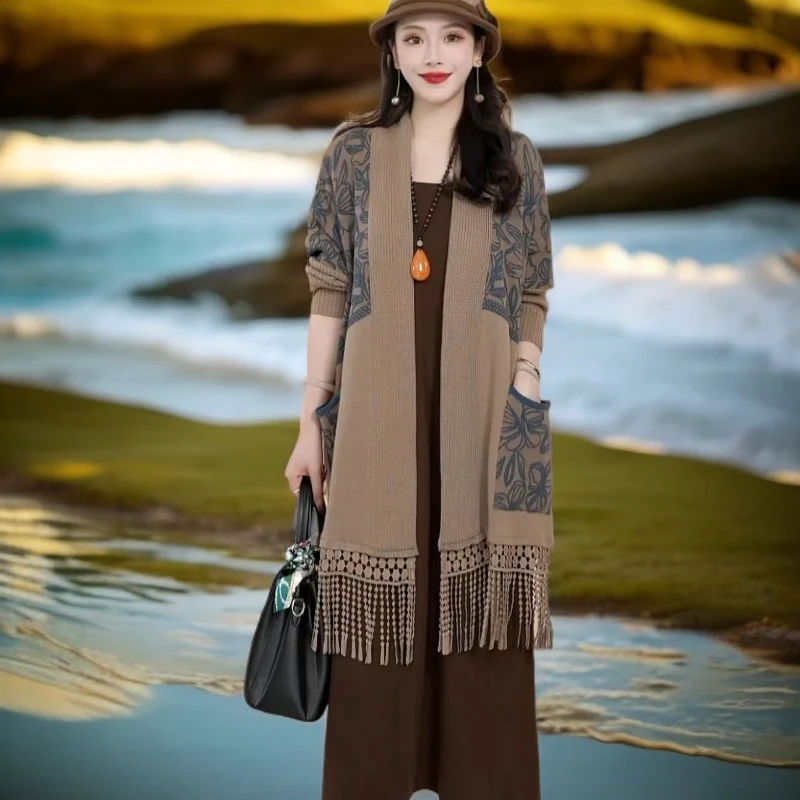 洋气减龄休闲宽松显瘦中长款拼色下摆流苏针织披肩式开衫外搭女装