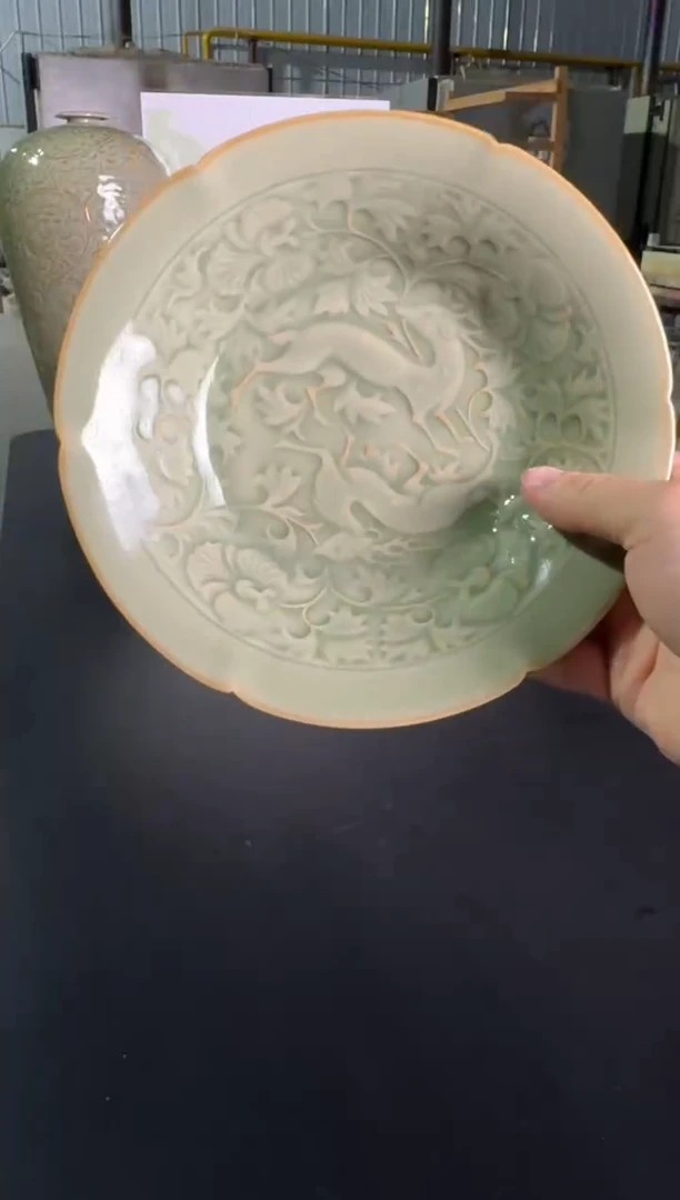 默认双鹿盘耀州窑微瑕