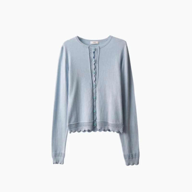 ICEDUST 设计师品牌2025春夏新款别致钩花高弹修身圆领针织开衫女