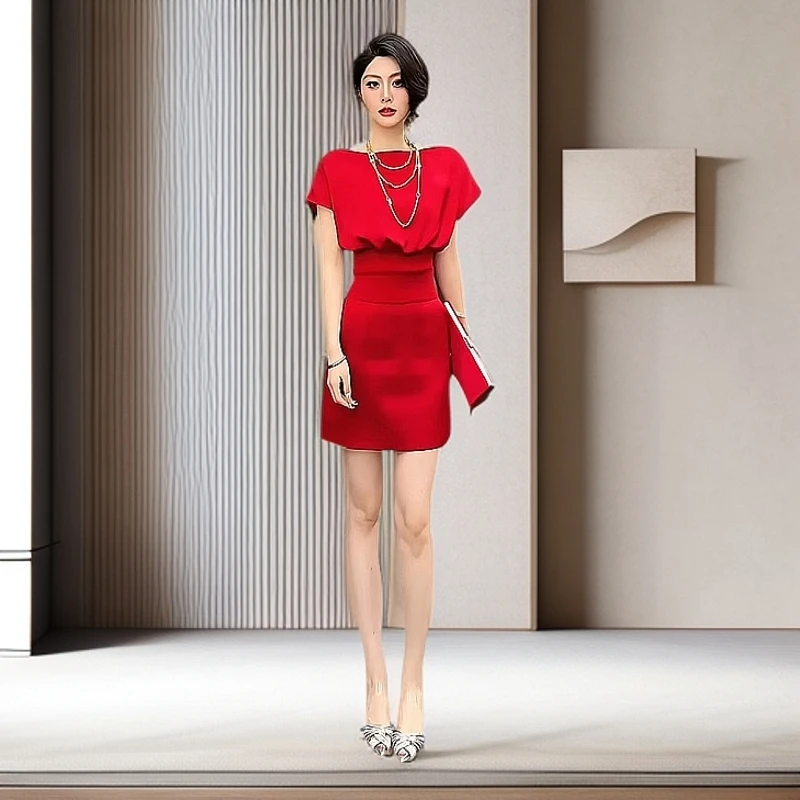 红色短袖裙子女夏小个子上流社会独特漂亮气质掐腰法式宴会连衣裙