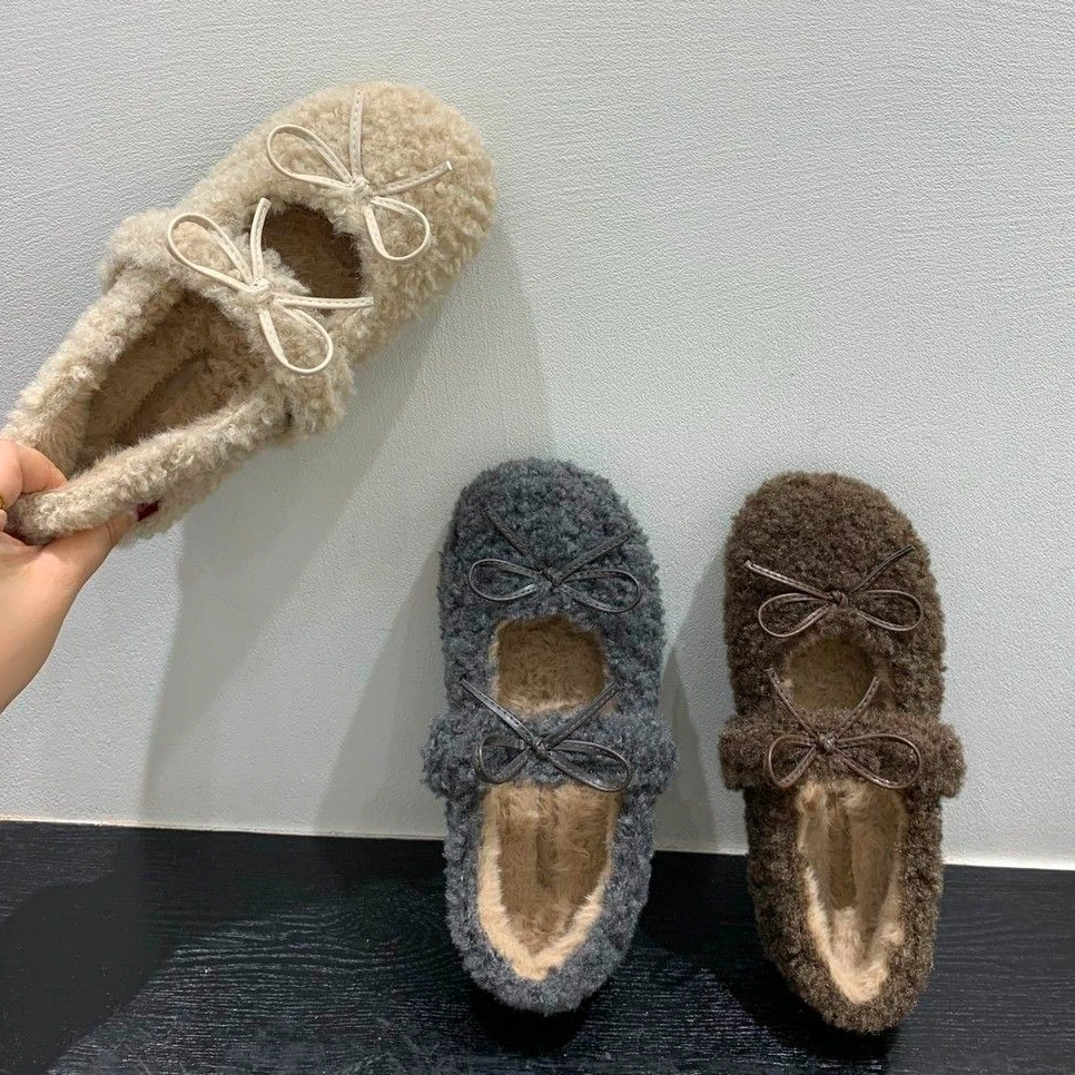 蝴蝶结仙女风软底毛毛鞋女冬新款温柔保暖棉鞋加绒单鞋平底玛丽珍