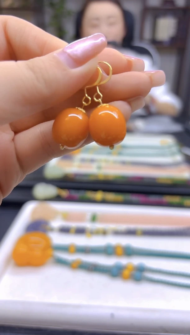 14K金镶嵌蜜蜡耳饰DIY款E72