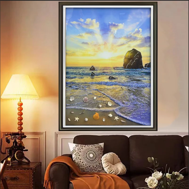 Q257海岸时尚餐厅客厅轻奢挂画钢化玻璃装裱实物鎏金画装饰画