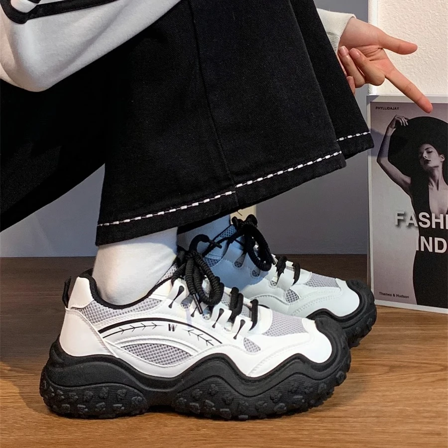 回力黑白网面丑萌厚底老爹鞋女夏休闲设计感透气小众原创运动鞋潮