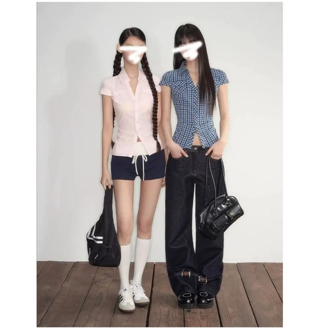 ins风韩系掐腰修身显瘦短袖口袋收腰气质衬衫上衣女格子格纹