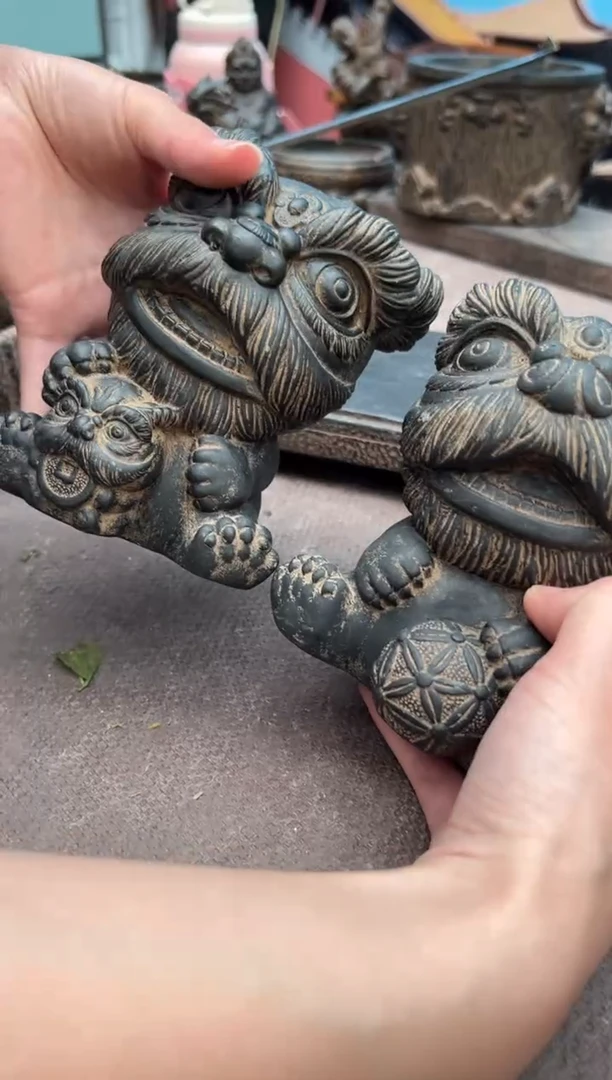 陶土陶土瑞气盈门醒狮一对
