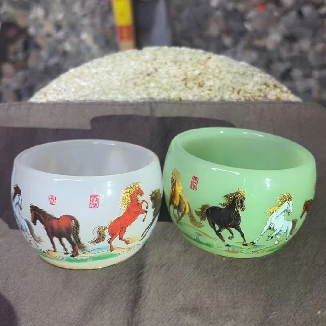 a闪购商品】琉璃绿白八骏图对杯 精美无暇、主人杯 （无礼盒）