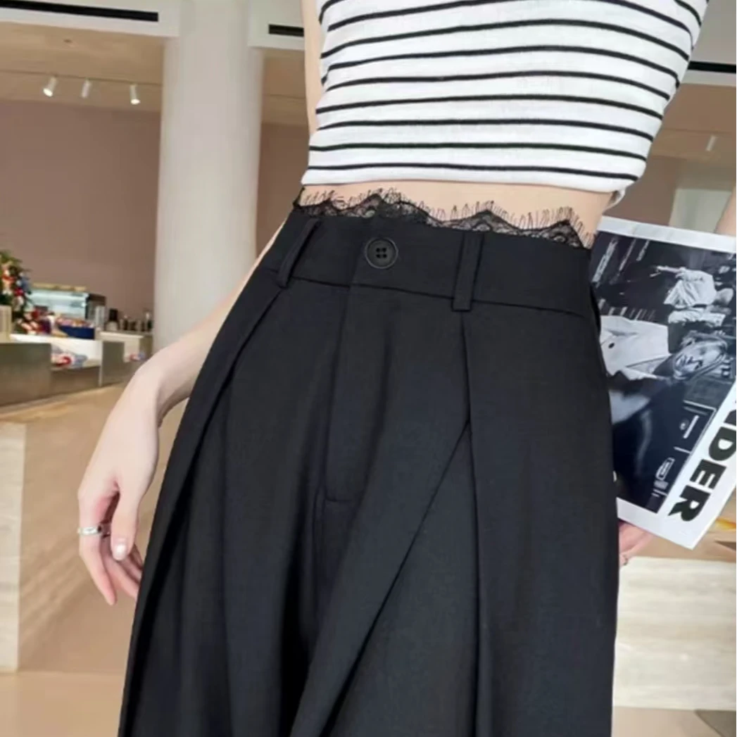 【2025】蕾丝拼接褶皱西裤显瘦休闲高腰时尚百搭宽松直筒阔阔腿裤