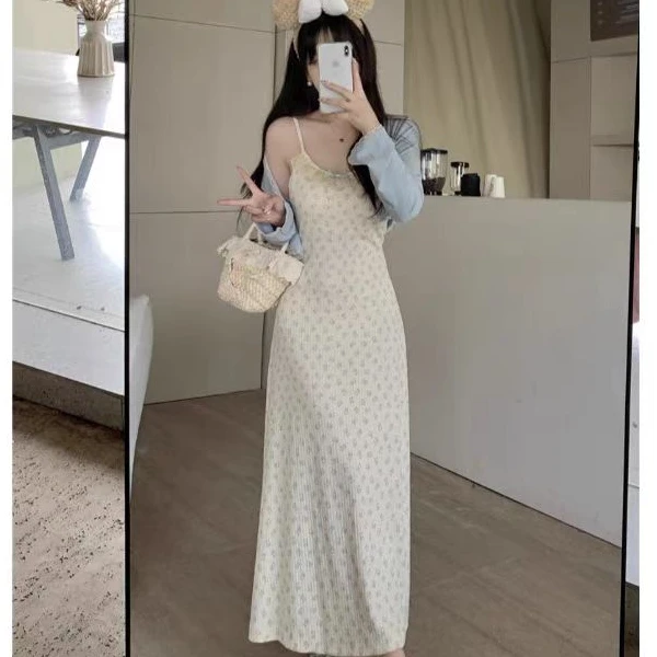 套装女蓝色开衫短外套春夏季小熊印花吊带连衣裙长裙两件套1720